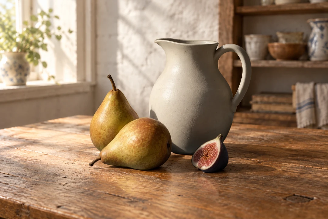 Real output: a ceramic jug, two pears and half a fig on a sunlit kitchen table, background painted by AI